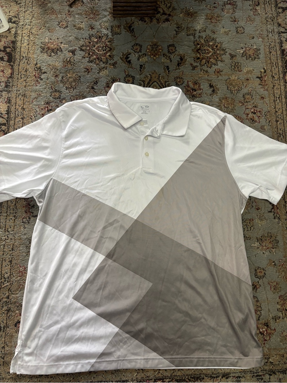 Men's White Golf Polo with Gray Geometric Panels